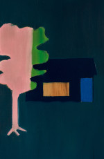 A blue shack with a pink tree in front of it