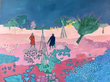 Two figures in a pink and blue floral landscape at night.