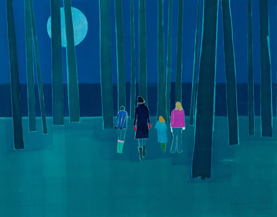 Family walking through moonlit woods.