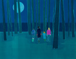 Family walking through moonlit woods