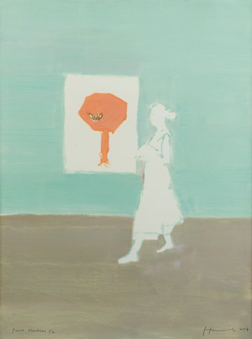 A white figure in front of a painting.