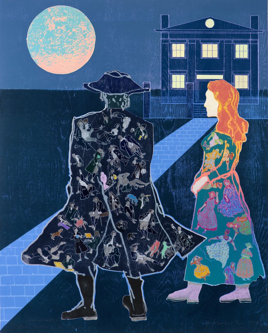 Man and women standing outside house beneath the moon.