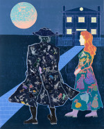Man and women standing outside house beneath the moon