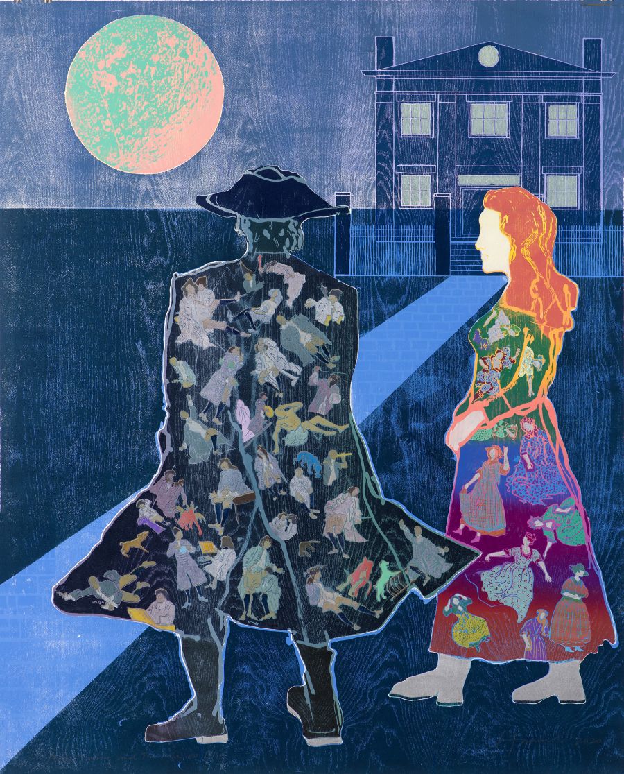 Man and women standing outside house beneath the moon.