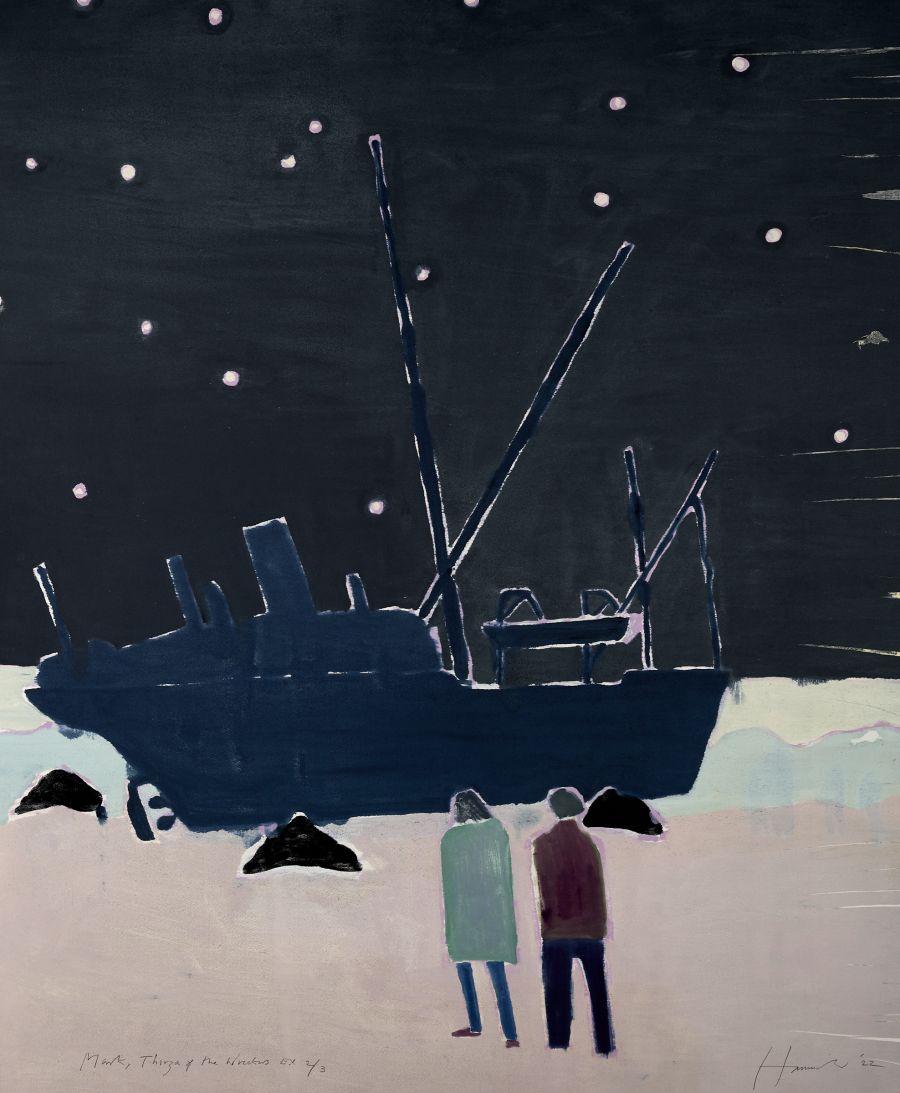 Man and Woman standing looking at grounded ship.
