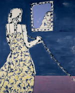 Lady in long dress on the telephone looking in mirror