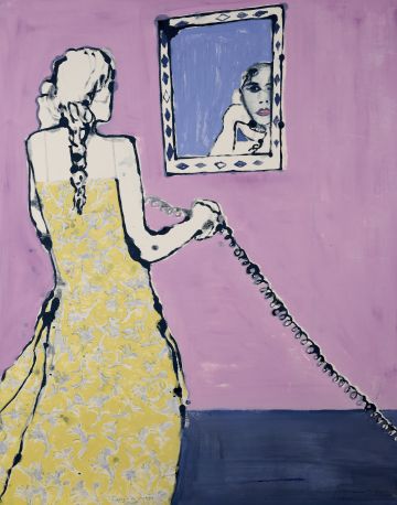 Lady in yellow dress on telephone looking in mirror.