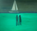 Two green figures looking at a sailing boat at sea