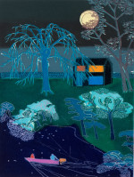 Two people in a boat passing a house at night