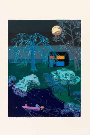 Two people in a boat passing a house at night.