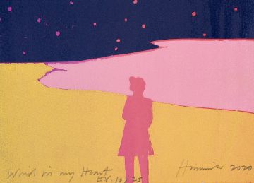 A figure in a yellow and pink landscape on a starry night.