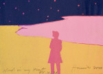 A figure in a yellow and pink landscape on a starry night