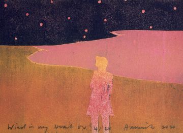 A figure in a pink landscape on a starry night.