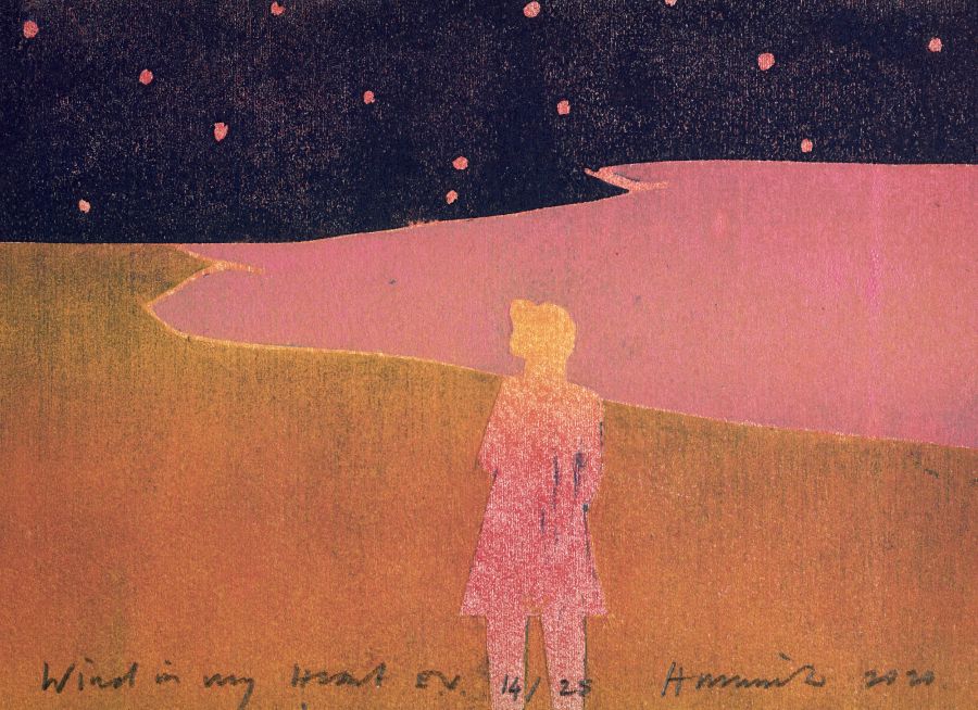 A figure in a pink landscape on a starry night.