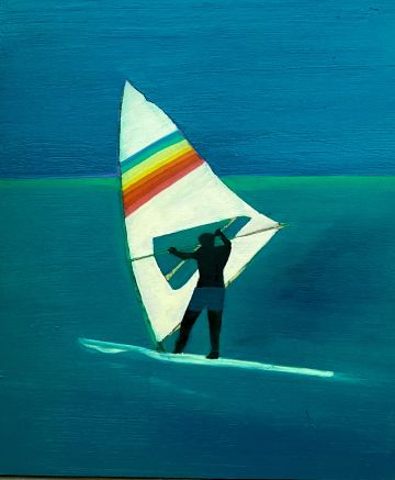 Silhouette of a windsurfer in flat sea..