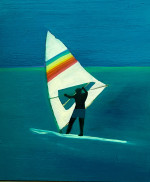 Silhouette of a windsurfer in flat sea.