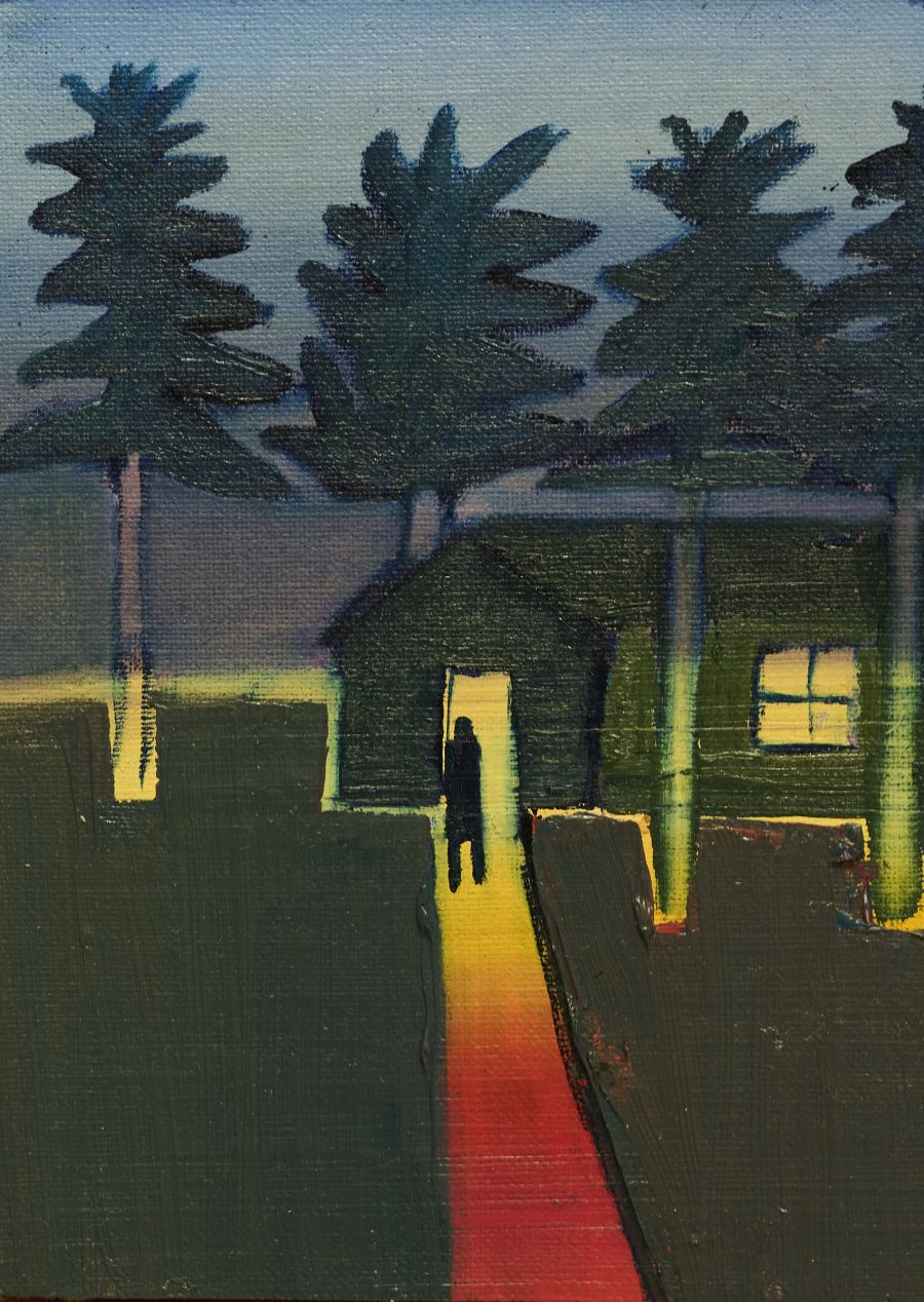 A dark silhouette at the entrance of a house along a technicolour path.
