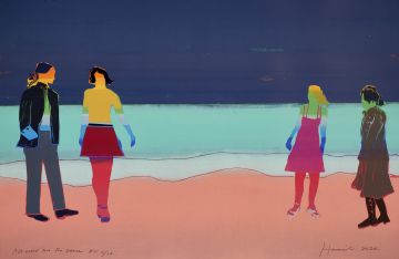 Four figures standing in front of the sea.