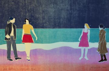 Four figures standing in front of the sea.