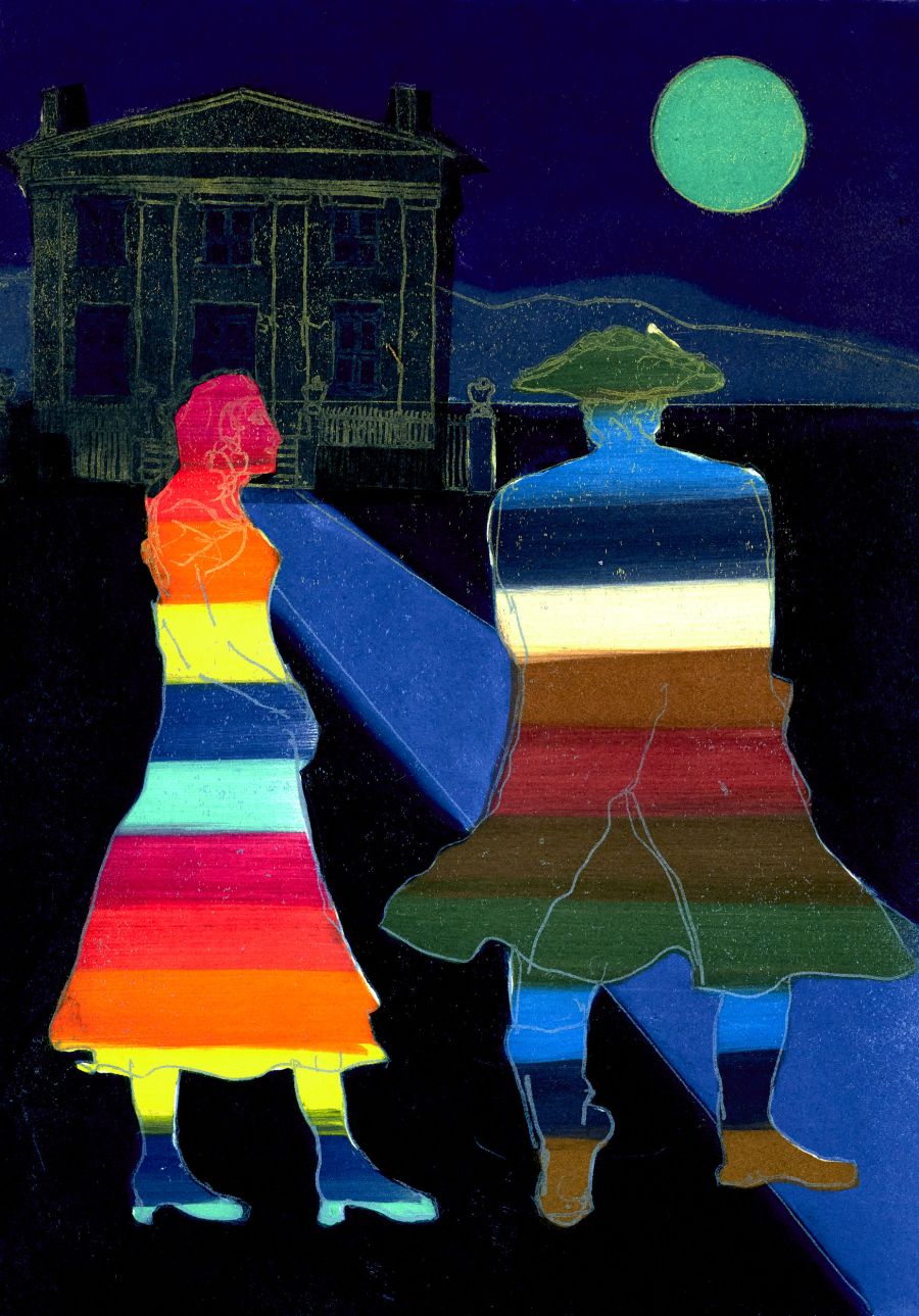 Man and woman in multi coloured striped clothes approaching grand house under the moon.