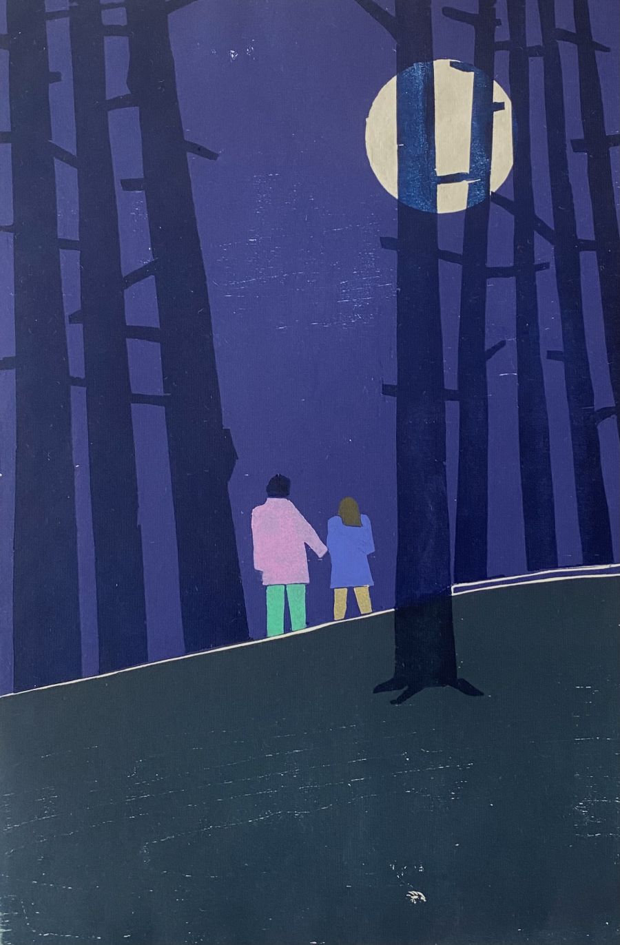 Two figures walking in the moon lit woods.
