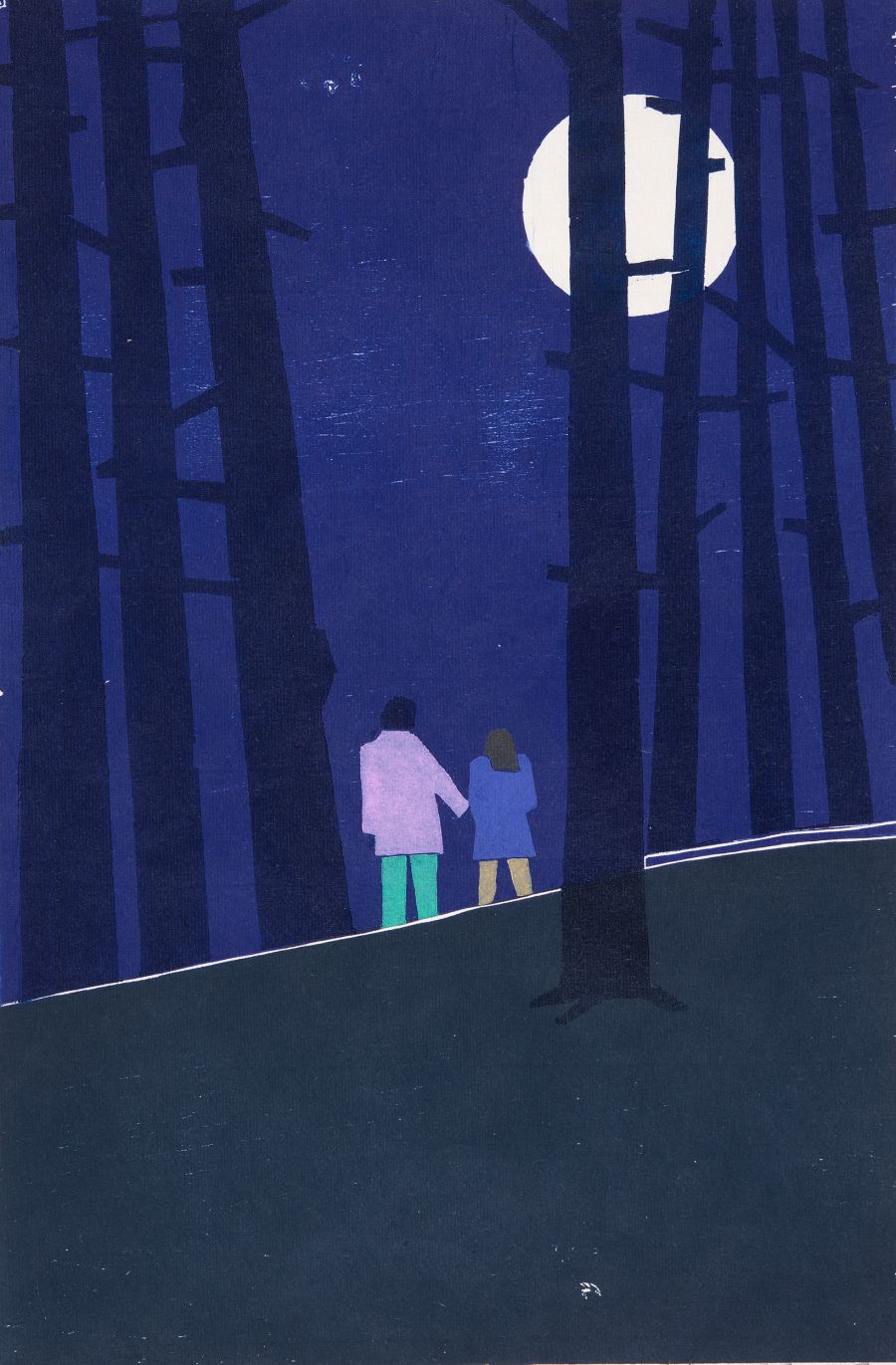 Two figures in the woods under the moon.
