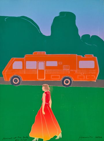 Girl in ball dress in front of orange RV.