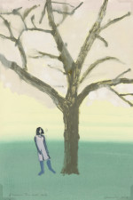 Girl standing beside tree