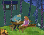 Two figures sitting at a table in the woods