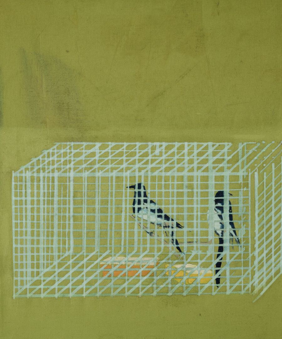 A green study of two birds in a cage..