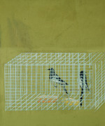 A green study of two birds in a cage.