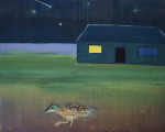 A corncrake walking in the foreground and a house against the night sky in the background.