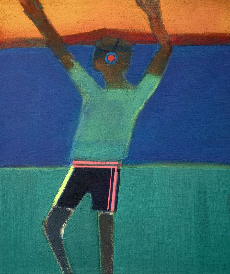 Figure of a man dancing in front of a seascape.