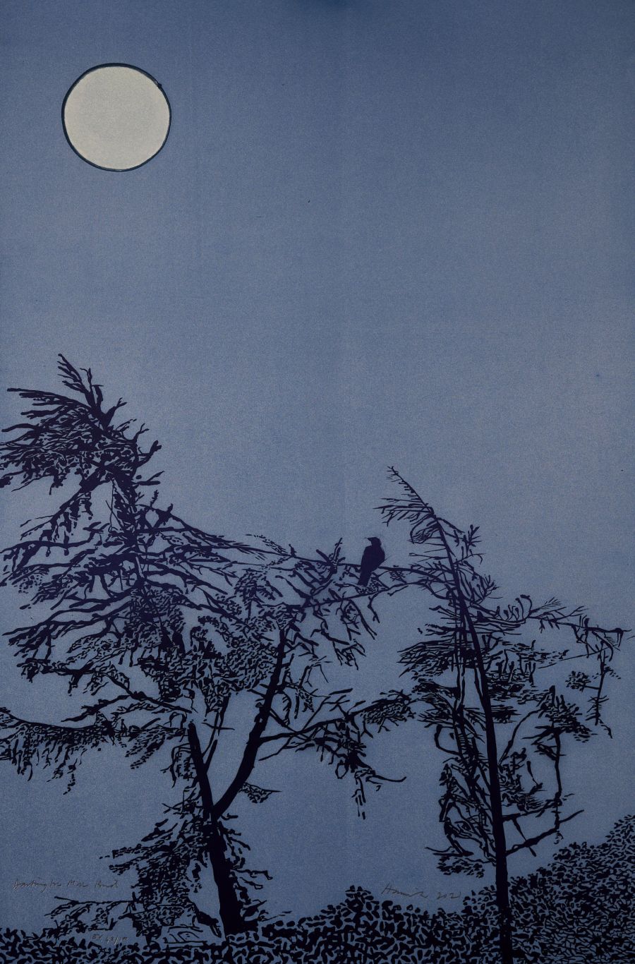 A full moon and blue trees against a dusty sky.