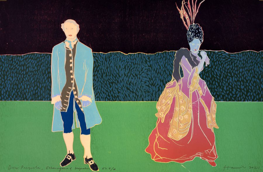 Man and woman in costume standing.
