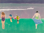 Family at the sea with a boat passing