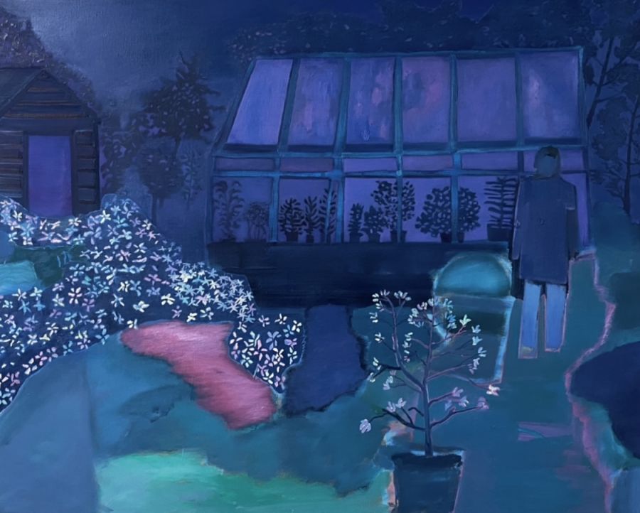 A blue figure standing in a garden outside a greenhouse at dusk.