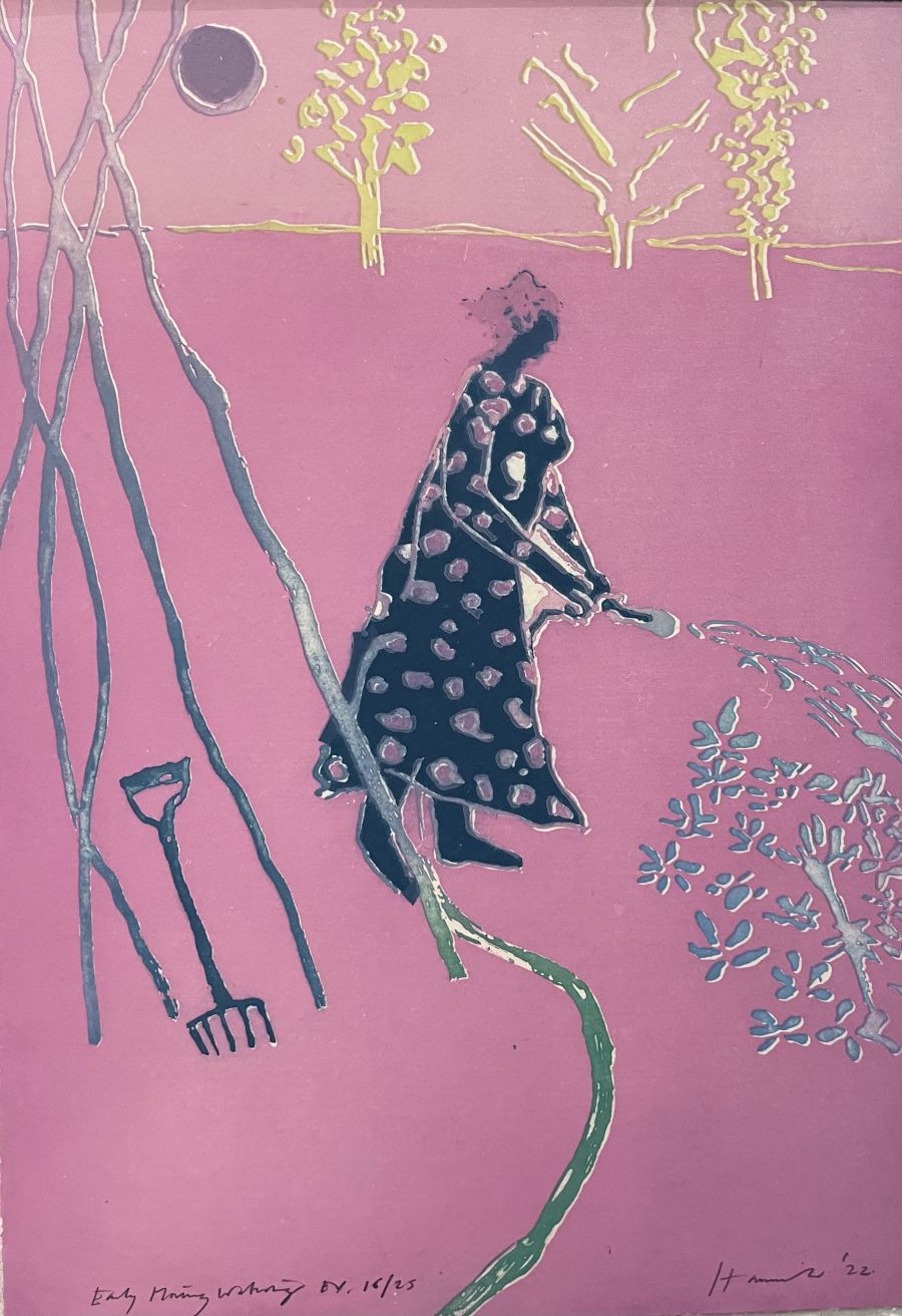 Silhouette of a blue figure watering a pink garden.