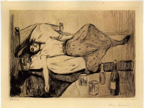 A drawing of a man in bed.