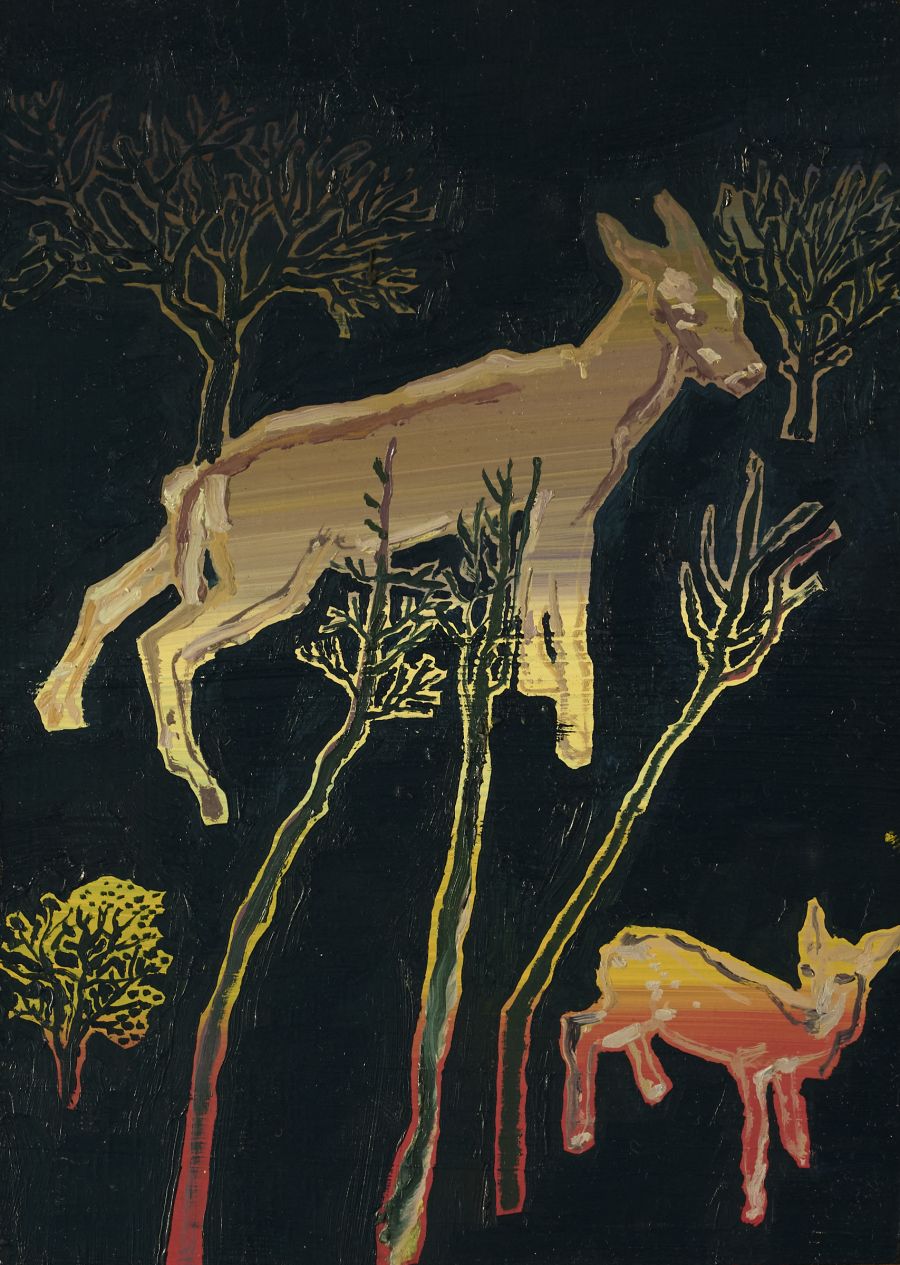 Two fawns in the dark woods.
