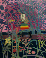 Figure of a woman walking through a colour woodland wearing a multicoloured skirt