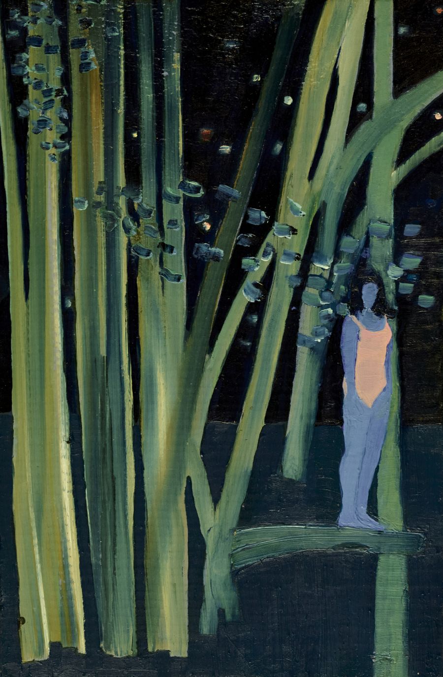 A blue woman standing in a forest at night.