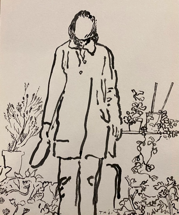 A figure of a gardener amongst plants.