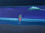 Male figure standing by the seashore looking out at a boat.