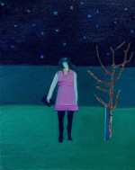 Woman standing next to a tree under the night sky.