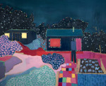 A figure standing outside a house in a technicolour garden at night