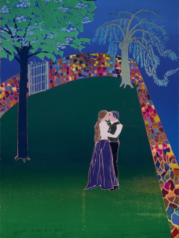 Couple in an embrace in a garden.