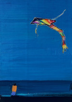 A figure looking out over the shore and a multi-coloured kite flying in the sky.