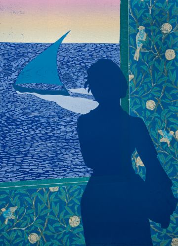 A blue silhouette of a women standing in front a window in a decorative room looking out at sea..