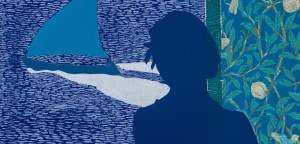Person looking out of window at a passing sailing boat (detail)